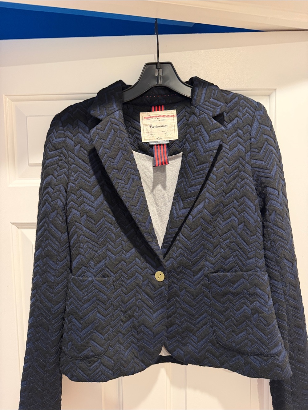 Cartonnier - Anthropologie Blue and Black Chevron Textured Blazer Jacket